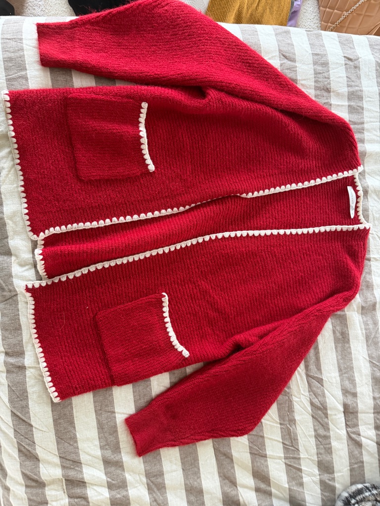 Altar'd State Red Open-Front Cardigan With White Scalloped Trim